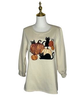 Clover + Pine Fall Cat & Pumpkins Cozy Halloween Top Sz M Autumn Cottagecore 90s